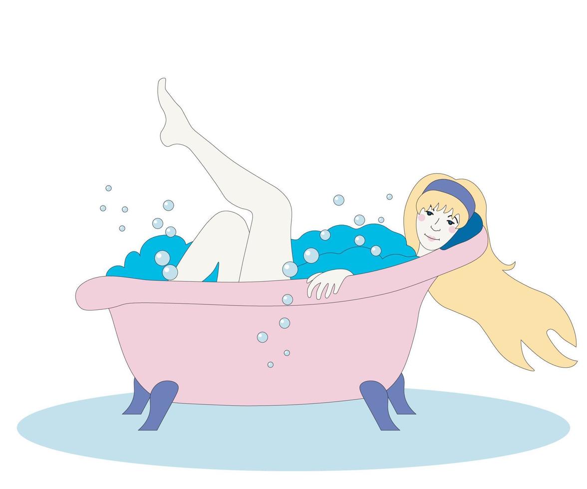 blond meisje ontspant in de badkamer met schuim vector