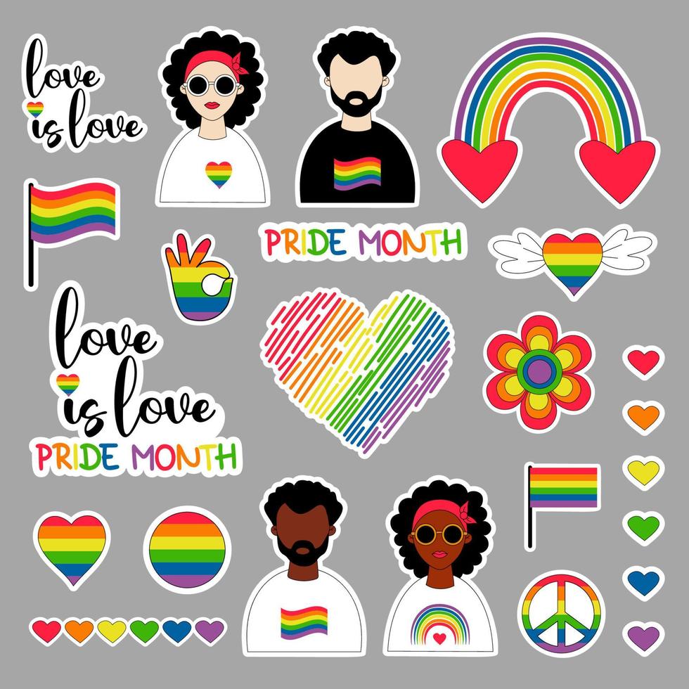 collectie vector sticker lgbtq gemeenschap symbolen. lgbt-trotsmaand, lichte en donkere man homo- en etnische lesbische vrouw, trotsvlag, retro regenboog en liefdeselement. gay pride, groovy feest