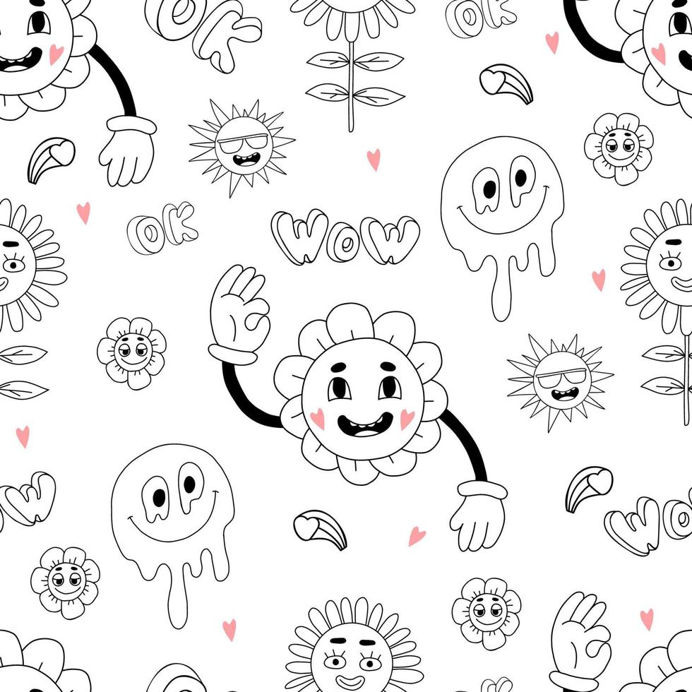 retro naadloos patroon met groovy elementen. vector lineaire hand getrokken doodle stijl. stripfiguren met gezichten funky flower power, smeltende glimlach gezicht, madeliefjebloemen, zon op witte achtergrond.