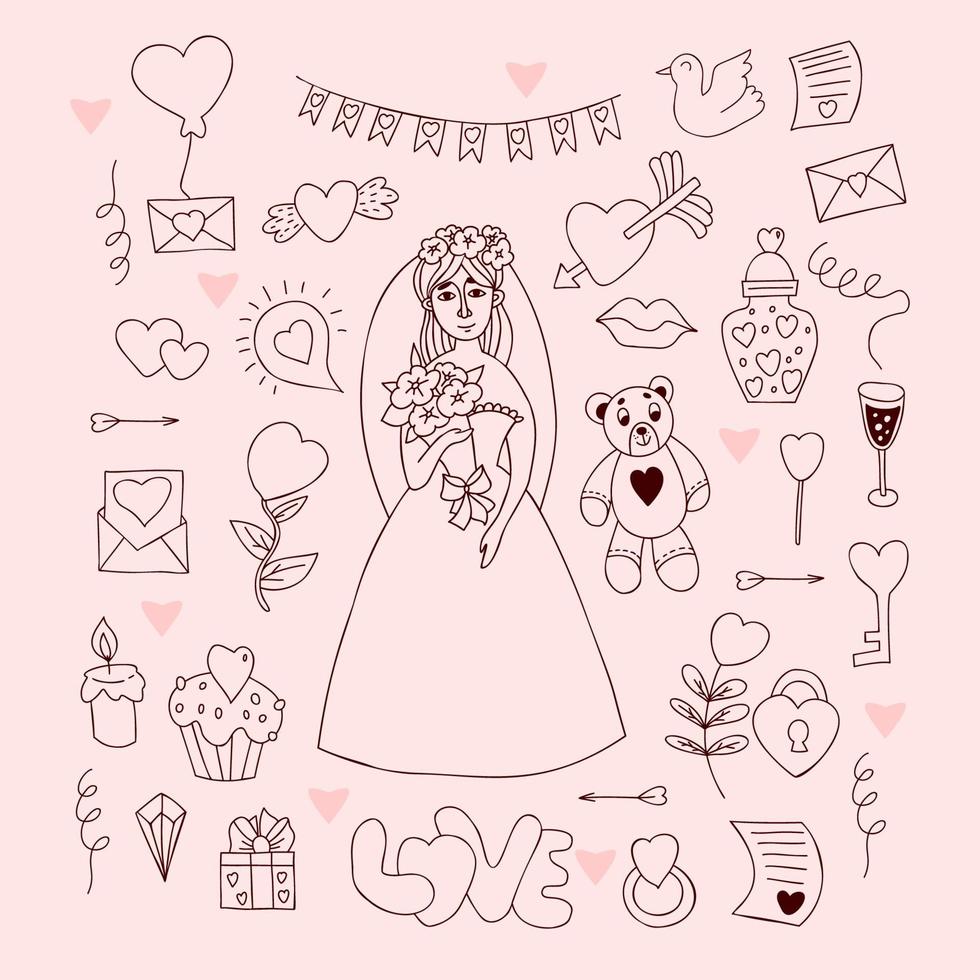 collectie bruiloft doodles. schattig meisje bruid in trouwjurk met sluier en boeket, geschenken en ring, cupido pijlen, cake, hart, teddybeer speelgoed en liefdesbrief. geïsoleerde vector lineaire handtekeningen.