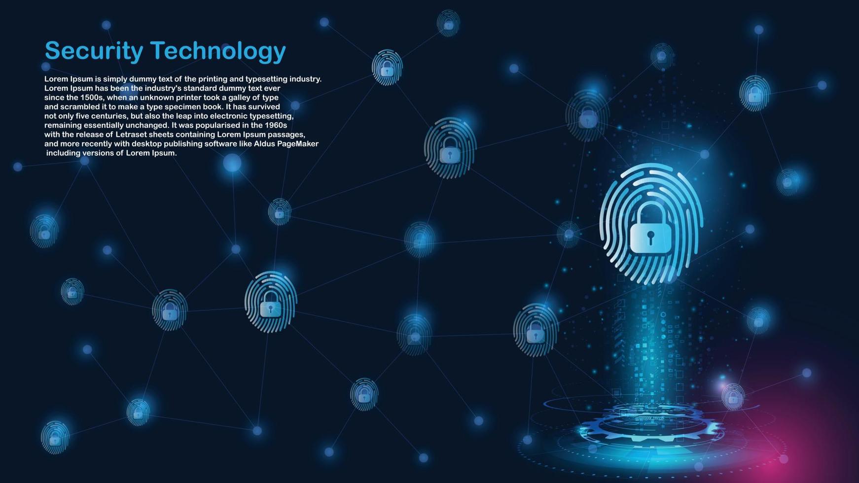 hangslot en vingerafdruk met sleutelgatpictogram erin. beveiliging van persoonlijke gegevens illustreert het idee van cybergegevens of informatieprivacy. blauwe kleur abstracte hi-speed internettechnologie. vector