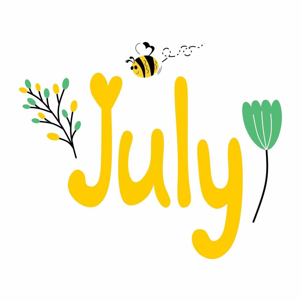 hallo juli schattige zomerillustratie met wilde bloemen en een bij vector