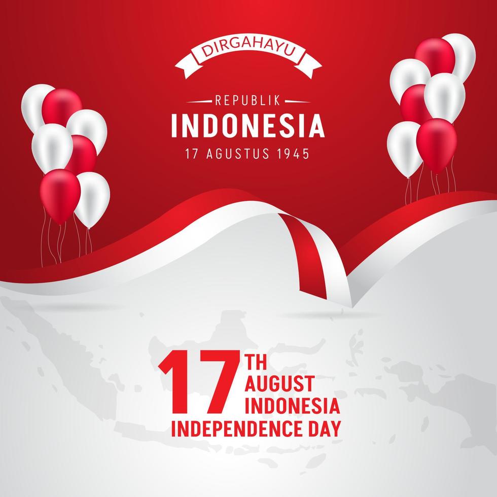 onafhankelijkheidsdag indonesië 17 augustus met lint en ballonillustratie op kaarten en zonnestraalachtergrond. dirgahayu republik indonesië 17 augustus 1945 vector