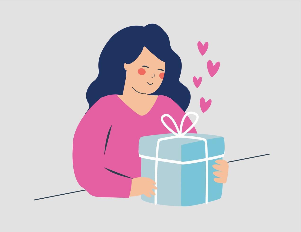 gelukkige vrouw ontvangt een groot geschenk met liefde. jong tienermeisje opent een cadeautje voor haar verjaardag. concept van vrouwendag, valentijnsdag, moederdagviering. vector illustratie