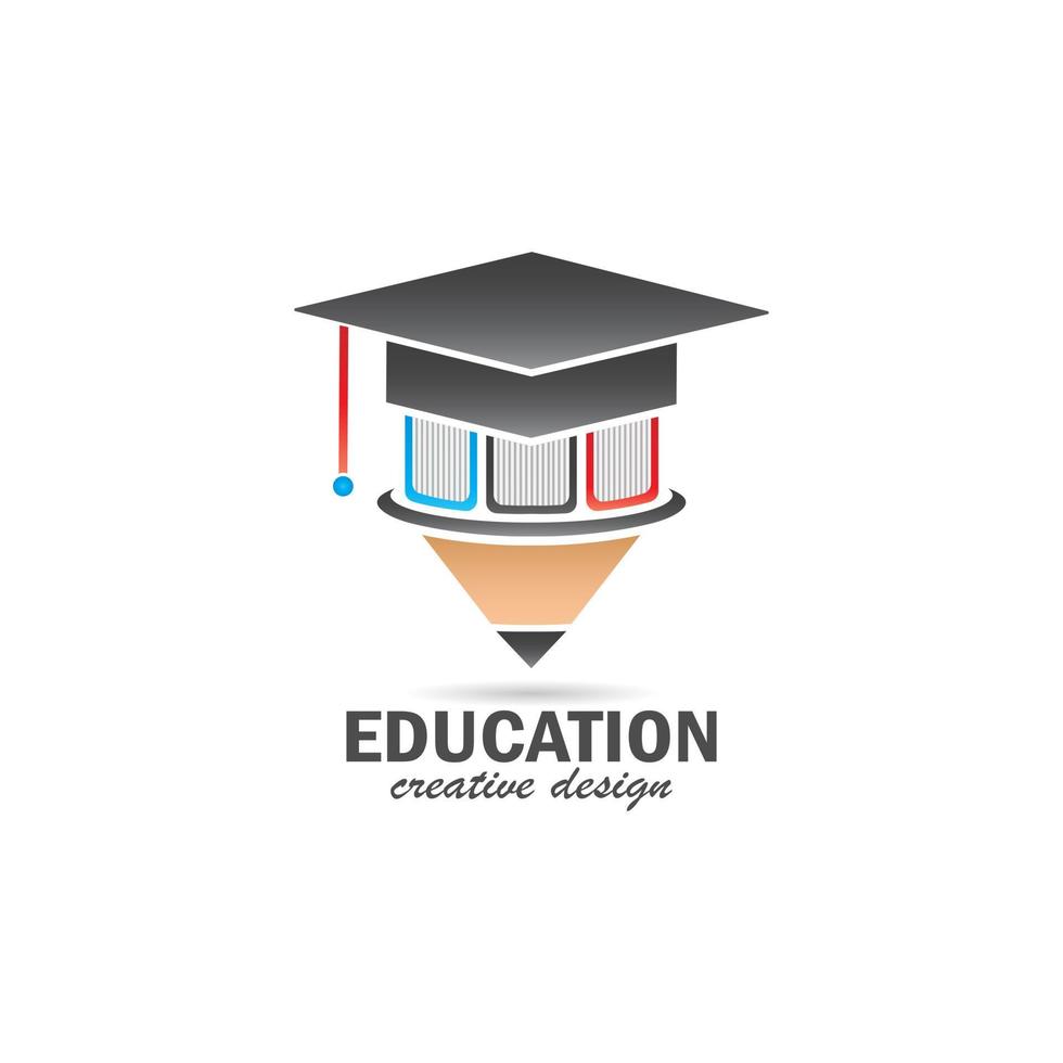 onderwijs logo vectorillustratie, afgestudeerde hoed apparatuur symbool ontwerp, potlood en boek, slim persoon concept, met graduatiegraad vector