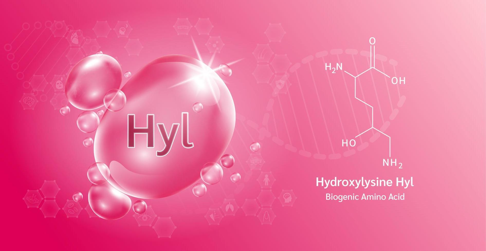 waterdruppel belangrijk aminozuur hydroxylysine hyl en structurele chemische formule. hydroxylysine op een rode achtergrond. medische en wetenschappelijke concepten. 3D-vectorillustratie. vector