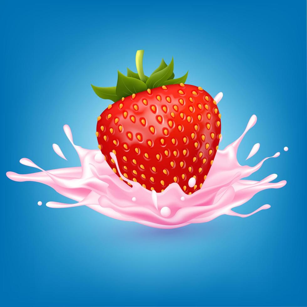 aardbei zoete roze melk met bessen en spatten realistisch, fruit en yoghurt. vector 3d illustratie.