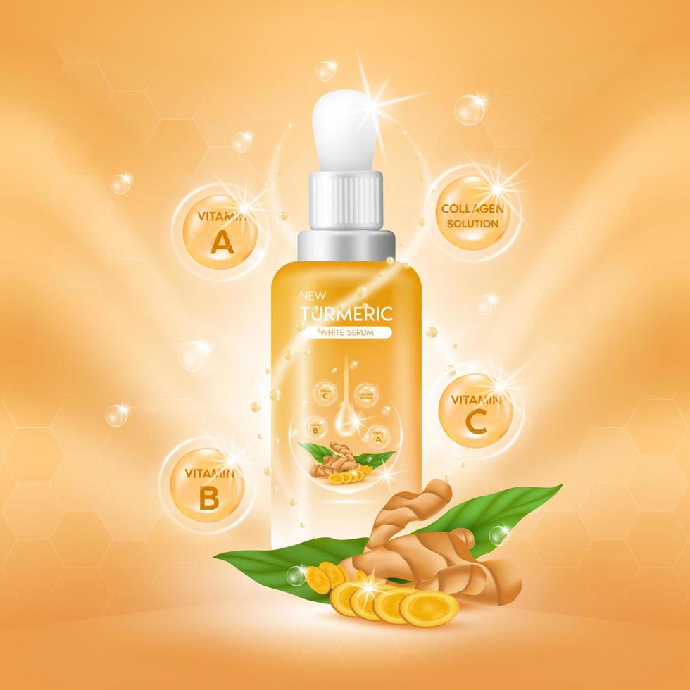 kurkuma wortel serum extract, collageen en vitamine. olie voor huidverzorging kruid biologisch medisch. realistische vectoreps10. vector