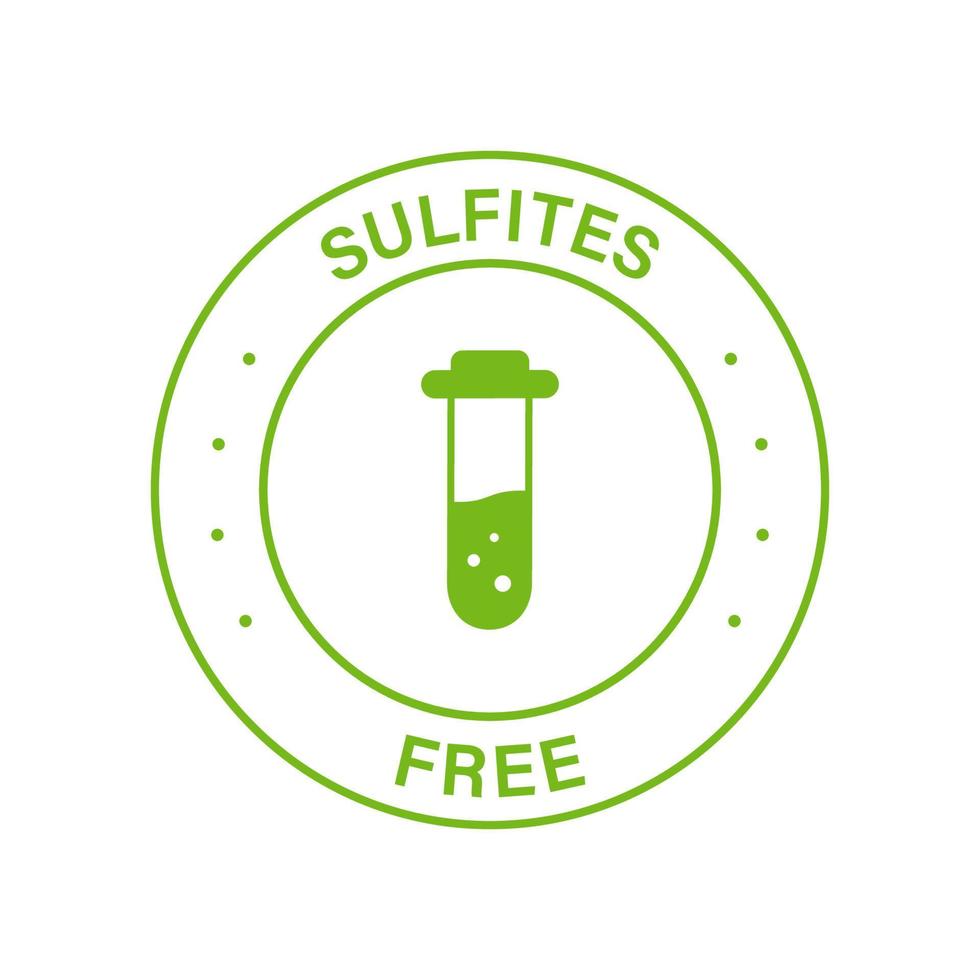 sulfieten gratis groene stempel. geen sulfietlabel. product zonder sulfaatsymbool. natuurlijke ingrediënten niet-sulfietteken. glazen kolf, reageerbuis geen chemische stof in voedsellogo. geïsoleerde vectorillustratie. vector