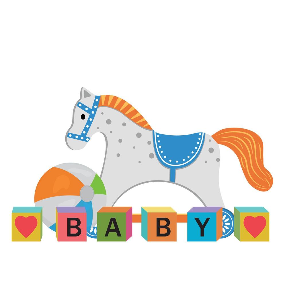 kinderspeelgoed, houten paard, kubussen en bal, geïsoleerde kleur vectorillustratie vector