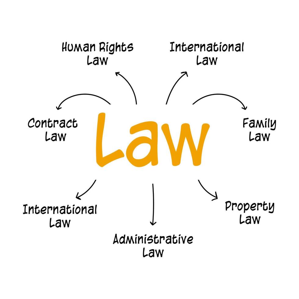 the law mind mapping diagram is een vector infographic presentatie om de soorten wetten zoals familierecht, nationaal en internationaal recht te analyseren. het juridische contract is voor administratieve en eigendomsovereenkomsten.