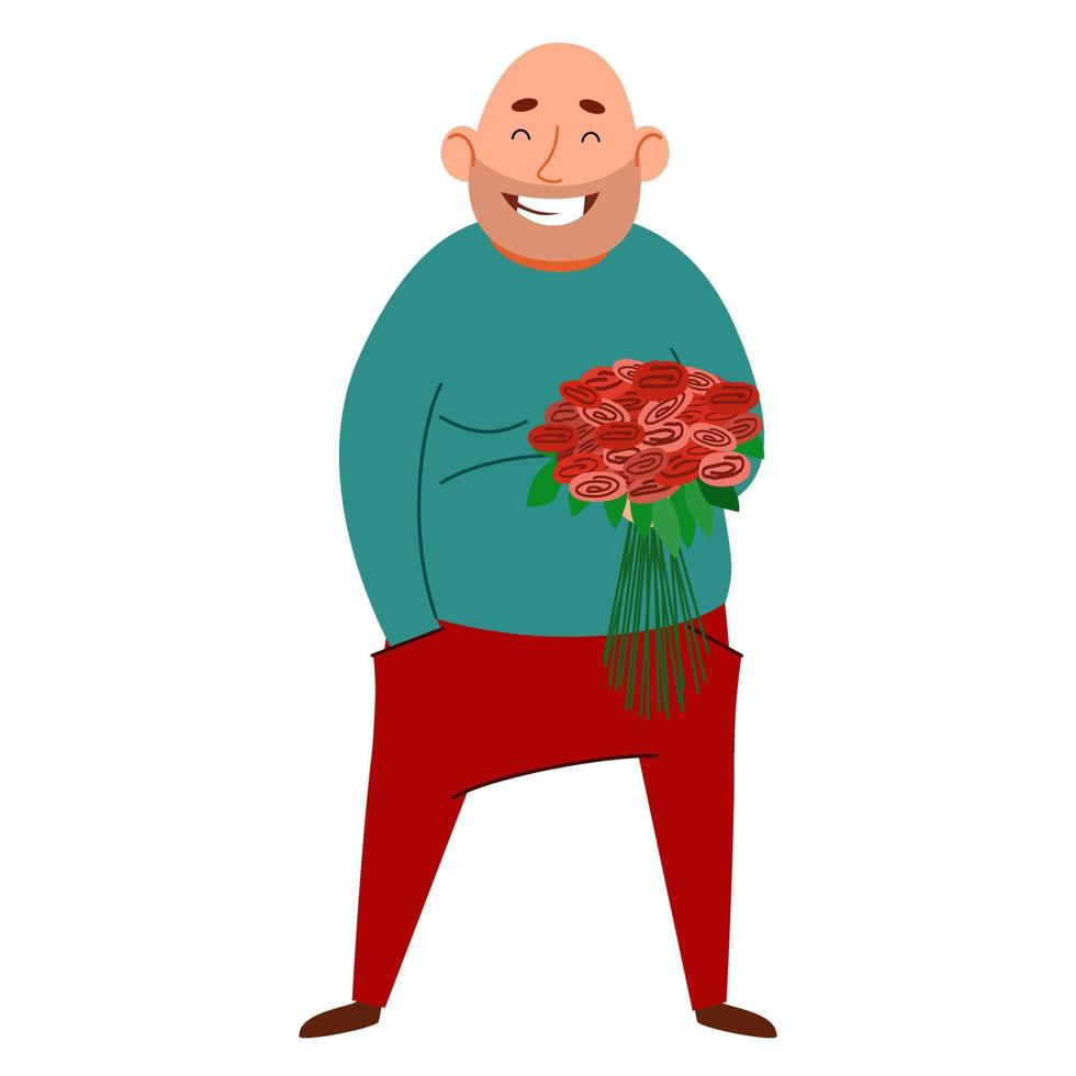 een dikke kale man met bloemen in zijn hand. vector illustratie