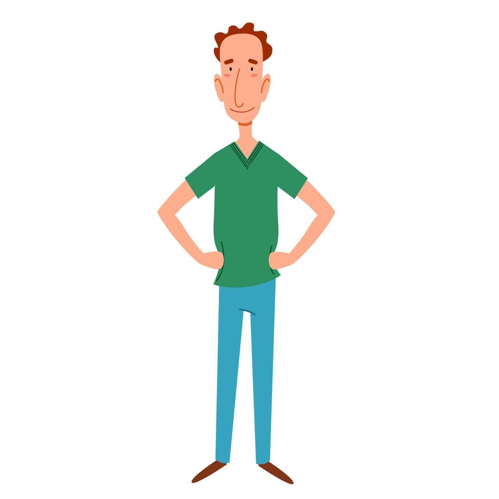 een magere, roodharige man met zijn handen om zijn middel. vectorillustratie in een platte cartoon-stijl. vector
