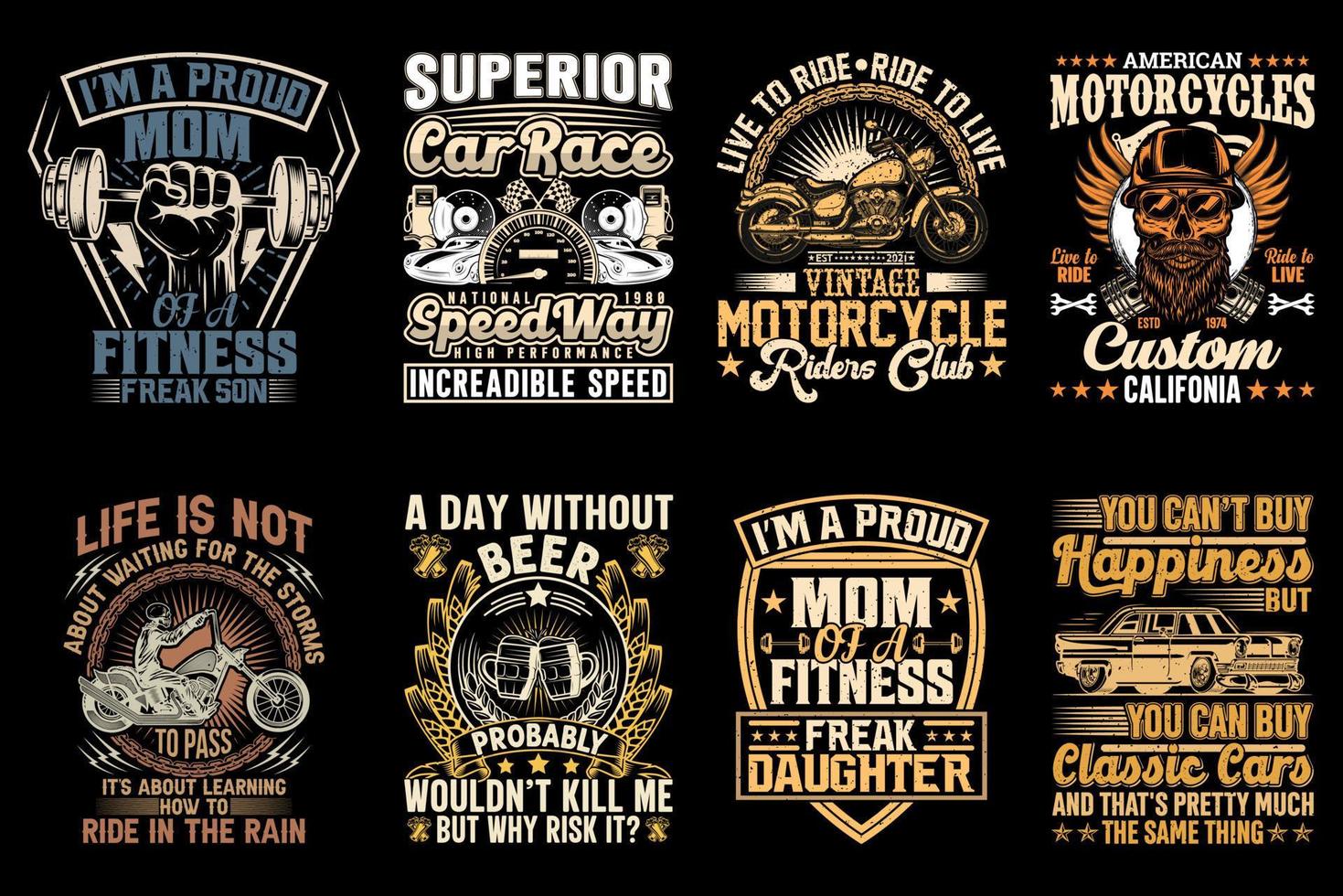 vintage trendy t-shirt design bundel, klassieke auto, motorfiets, bier, gym t-shirts, vectorelement vector