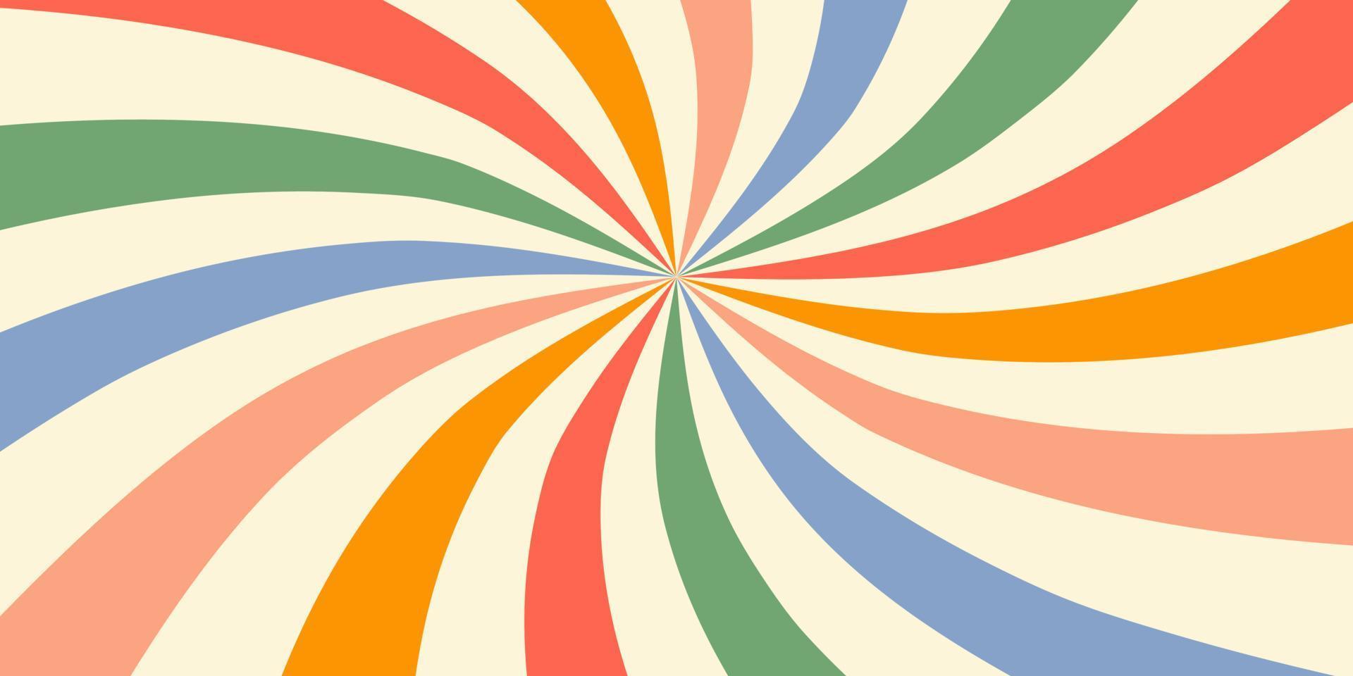 retro horizontale achtergrond met zonnestraal in een spiraal of gezwenkt radiaal gestreept ontwerp. blauwe, gele, roze en groene kleuren. trendy vectorillustratie in stijl 70s, 80s vector