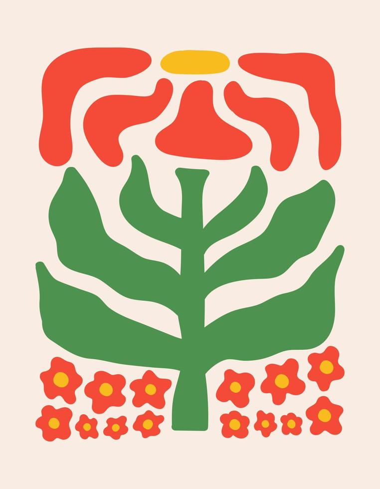 abstracte botanische poster met verschillende bloesem groovy bloemen op een lichte achtergrond. naïef kunstdecor. trendy handgetekende vectorillustratie vector