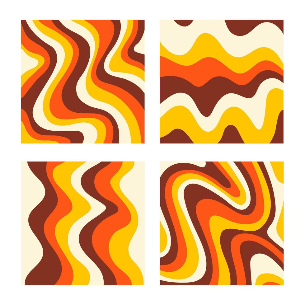 abstracte set vierkante achtergronden met kleurrijke golven. trendy vectorillustratie in stijl retro 60s, 70s. rode, gele en bruine kleuren vector