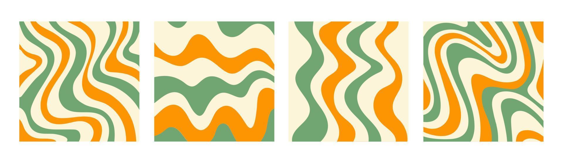 abstracte set vierkante achtergronden met kleurrijke golven. trendy vectorillustratie in stijl retro 60s, 70s. groene, gele en beige kleuren vector