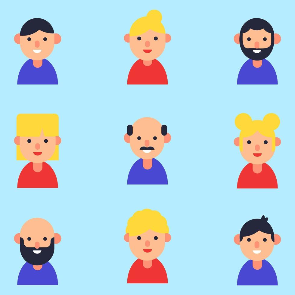 verzameling van eenvoudige verschillende platte avatars van mannen en vrouwen op lichtblauwe achtergrond. perfect voor websites, winkels, apps vector