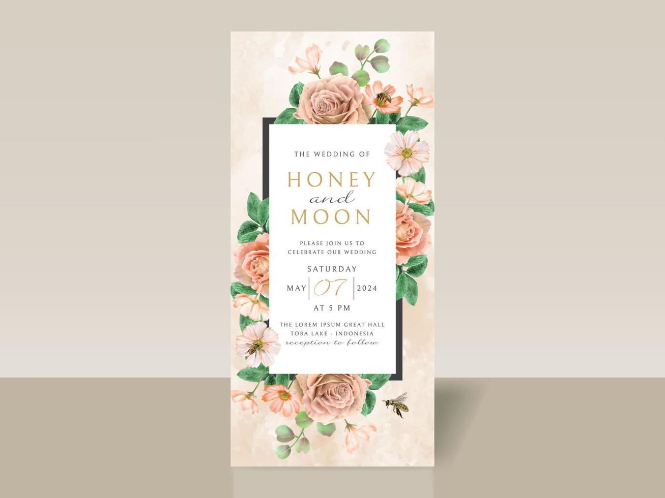 mooie bloemen en bijen bruiloft uitnodigingskaart vector