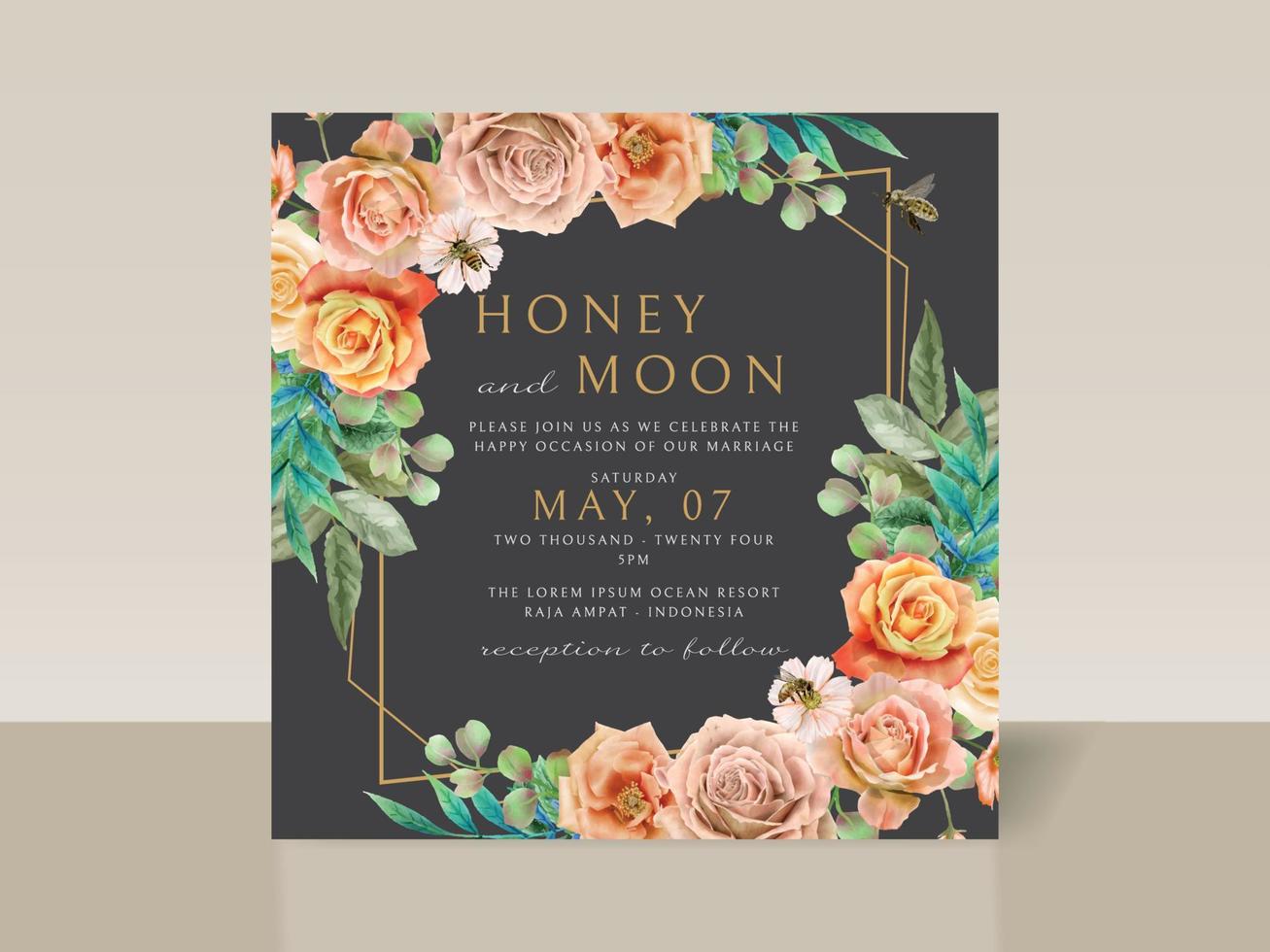mooie bloemen en bijen bruiloft uitnodigingskaart vector
