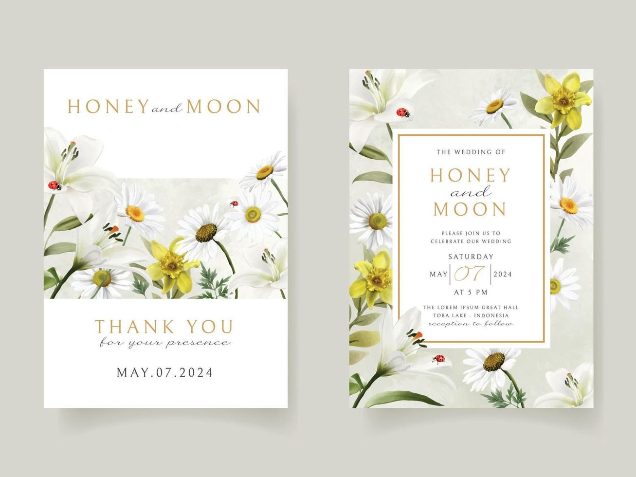 mooie bloemen en lieveheersbeestjes bruiloft uitnodigingskaart vector