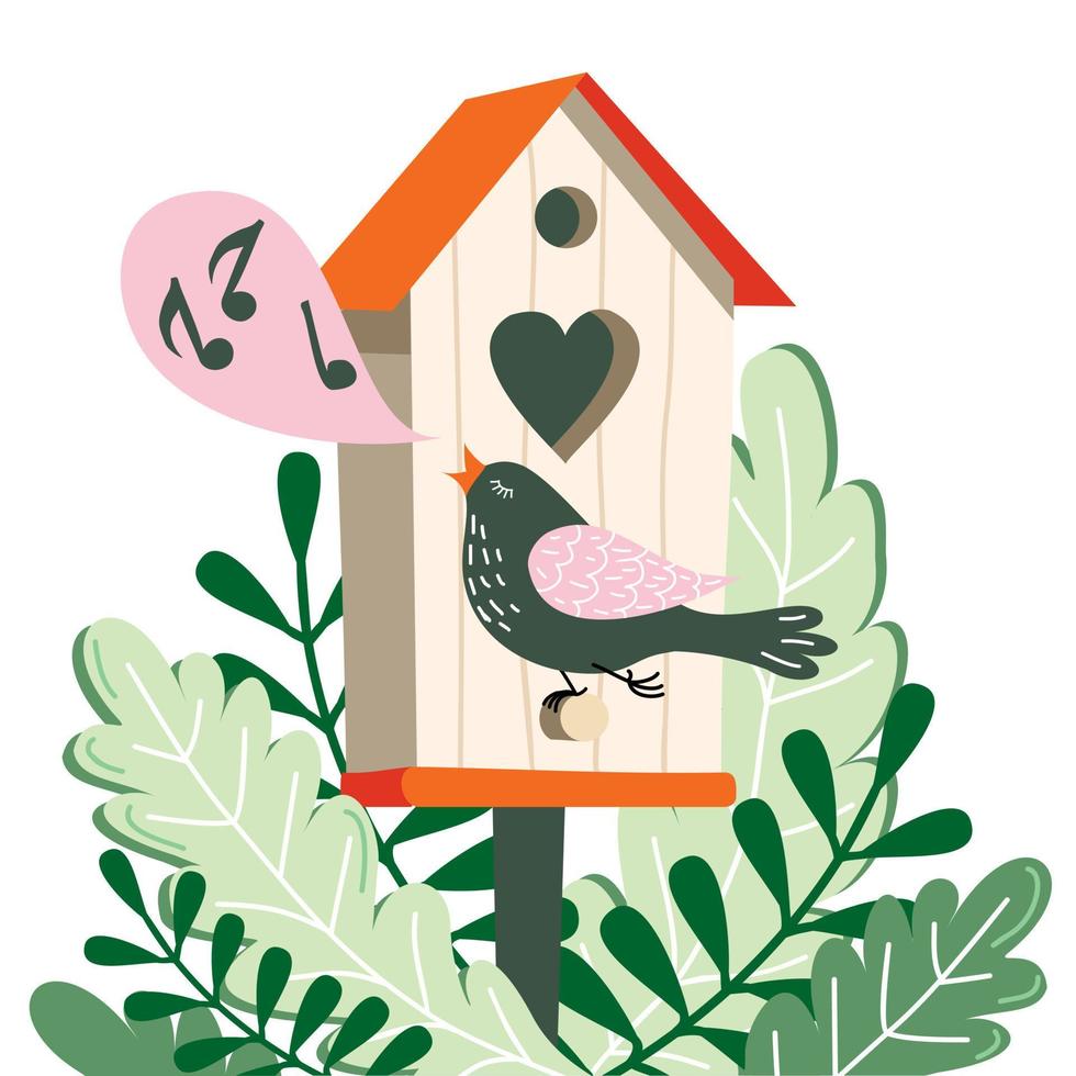 een zingende vogel en een vogelhuisje. vector