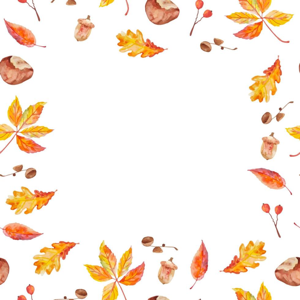 aquarel herfstframe met kleurrijke bladeren, kastanjes, eikels en rode bessen voor textiel, servetten, decoraties vector