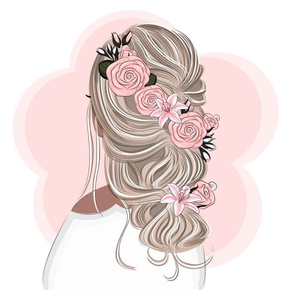 blonde met een mooi kapsel met bloemen, mode, vectorillustratie vector