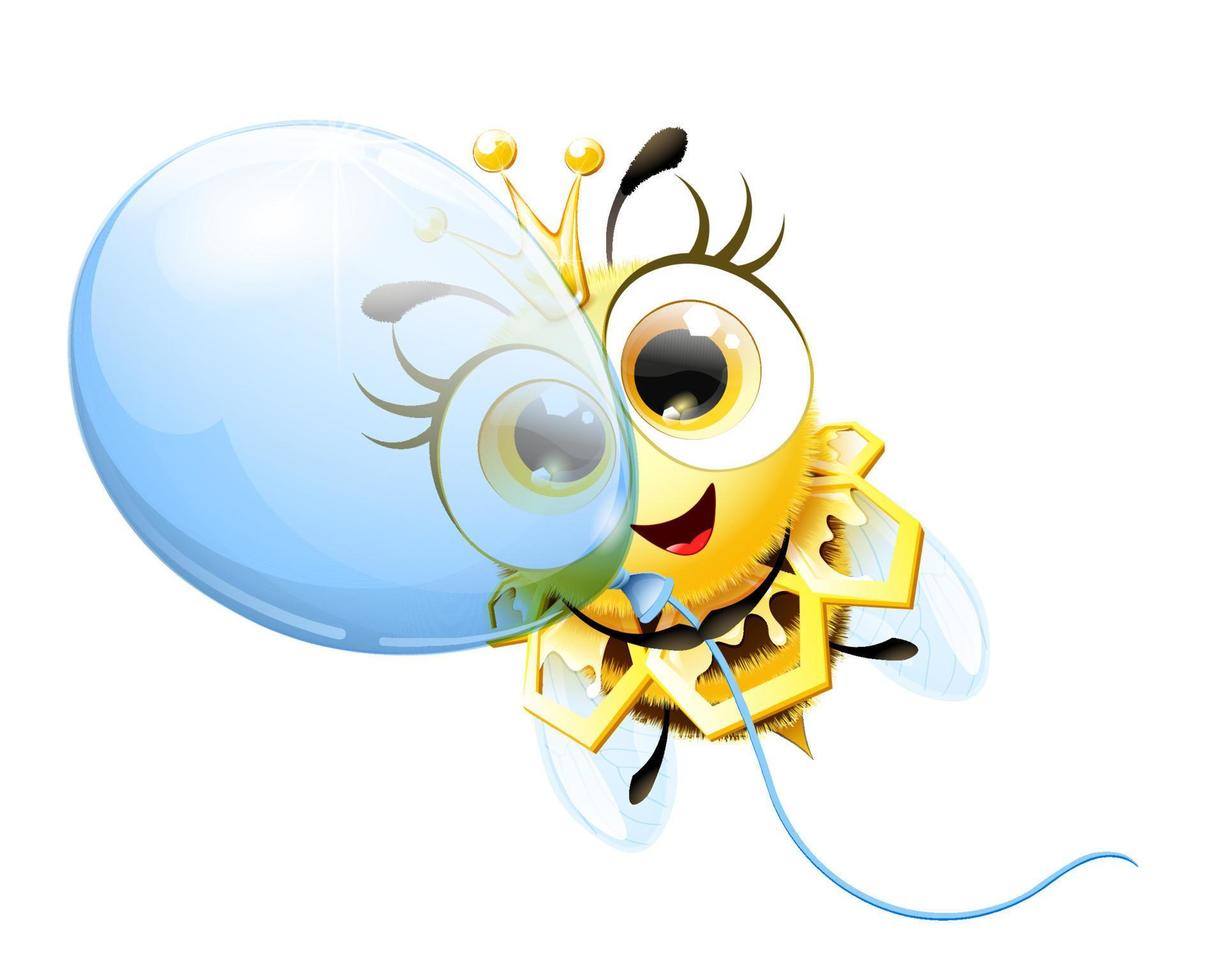 leuke grappige pluizige bijenkoningin stripfiguur met kroon vliegen met blauwe ballon. vector