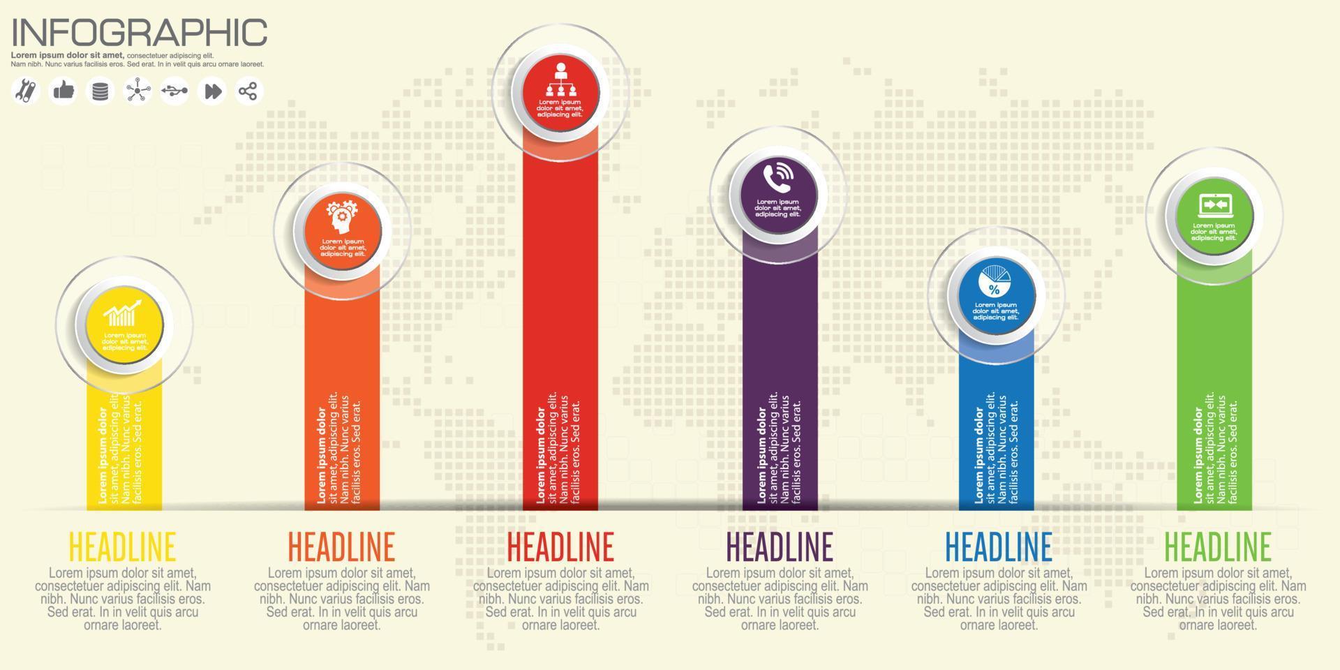 moderne zakelijke horizontale tijdlijn proces grafiek infographics sjabloon. vectorbanner gebruikt voor presentatie en werkstroomlay-outdiagram, webdesign. abstracte elementen van grafiek 6 stappen opties. vector