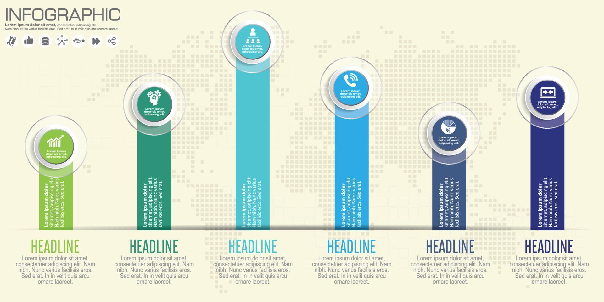 moderne zakelijke horizontale tijdlijn proces grafiek infographics sjabloon. vectorbanner gebruikt voor presentatie en werkstroomlay-outdiagram, webdesign. abstracte elementen van grafiek 6 stappen opties. vector