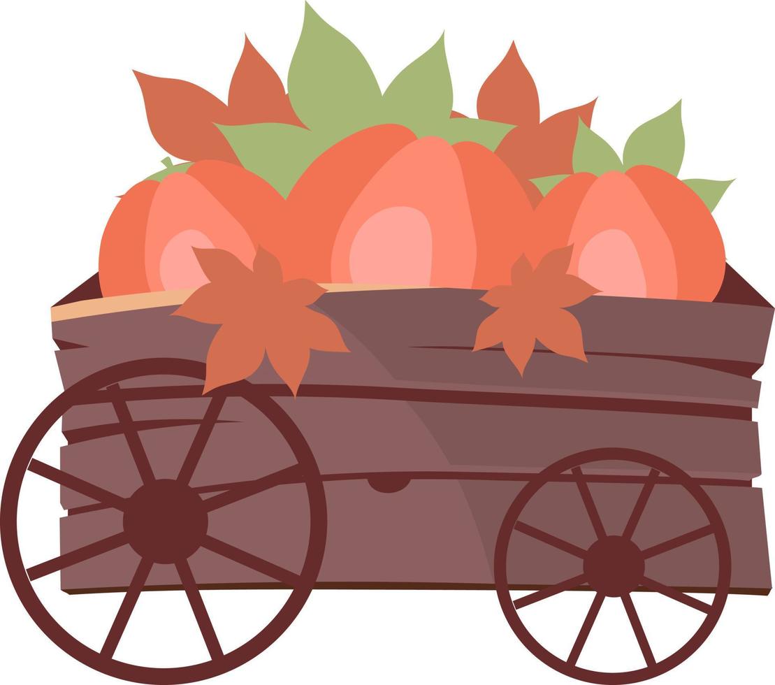 wagen met pompoenen en rode bladeren semi-egale kleur vector-object. herfst kermis. full-size item op wit. markt eenvoudige cartoon-stijl illustratie voor web grafisch ontwerp en animatie vector