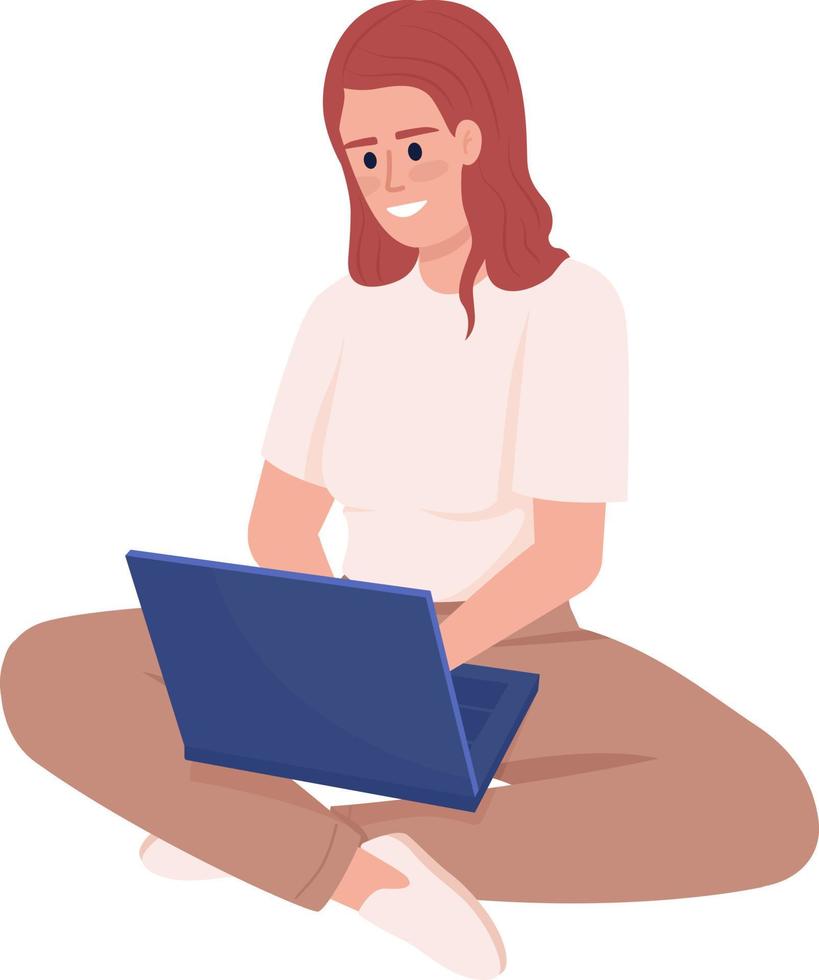 vrouw genieten van freelancen semi egale kleur vector karakter. bewerkbare figuur. volledige lichaamspersoon op wit. werk en entertainment eenvoudige cartoon-stijl illustratie voor web grafisch ontwerp en animatie