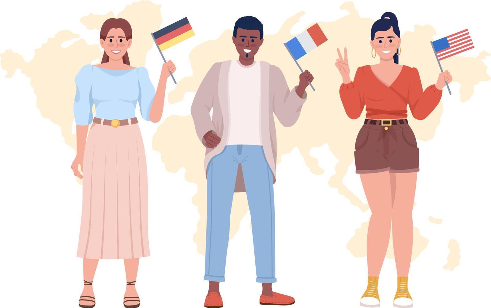 communiceren met native speakers 2d vector geïsoleerde illustratie. studenten platte karakters op cartoon achtergrond. taaldiversiteit kleurrijke bewerkbare scène voor mobiel, website, presentatie