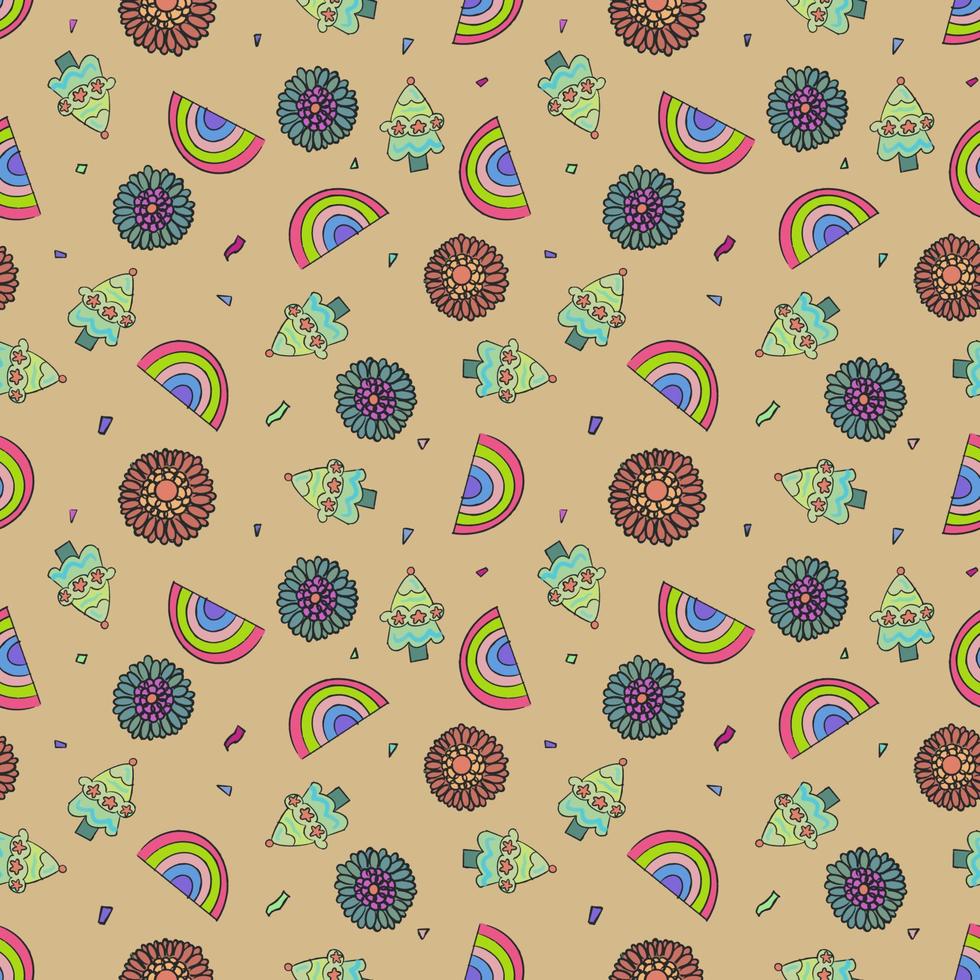 botanisch boeket en regenboog schattig cartoon naadloos patroon vector