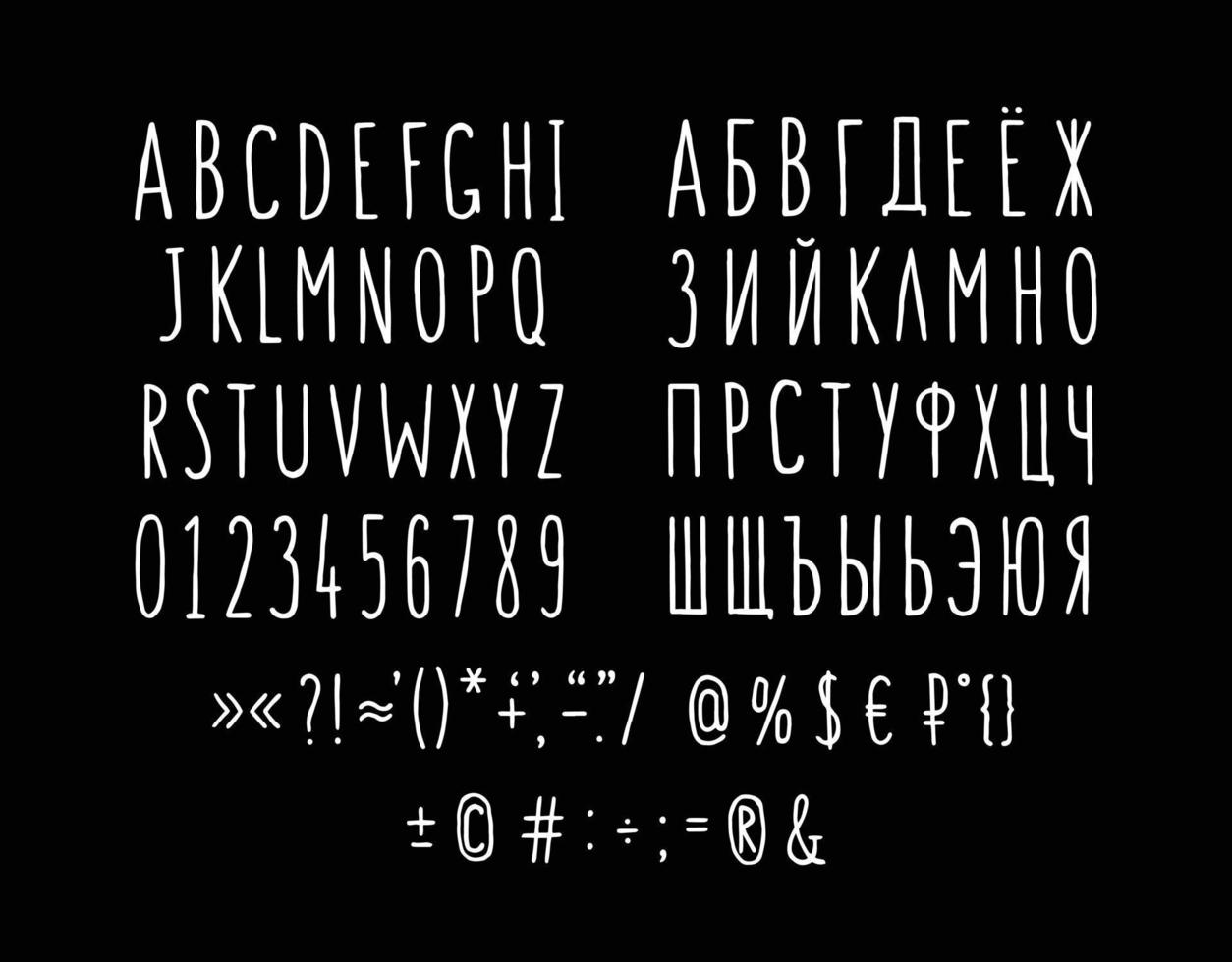 lettertypeset van letters en symbolen. vector. lineaire, contourletters. vlakke stijl. dunne langwerpige letters. lettertype voor prijskaartje. Engelse en Russische alfabetten. krijtinschrijvingen op zwart bord. vector