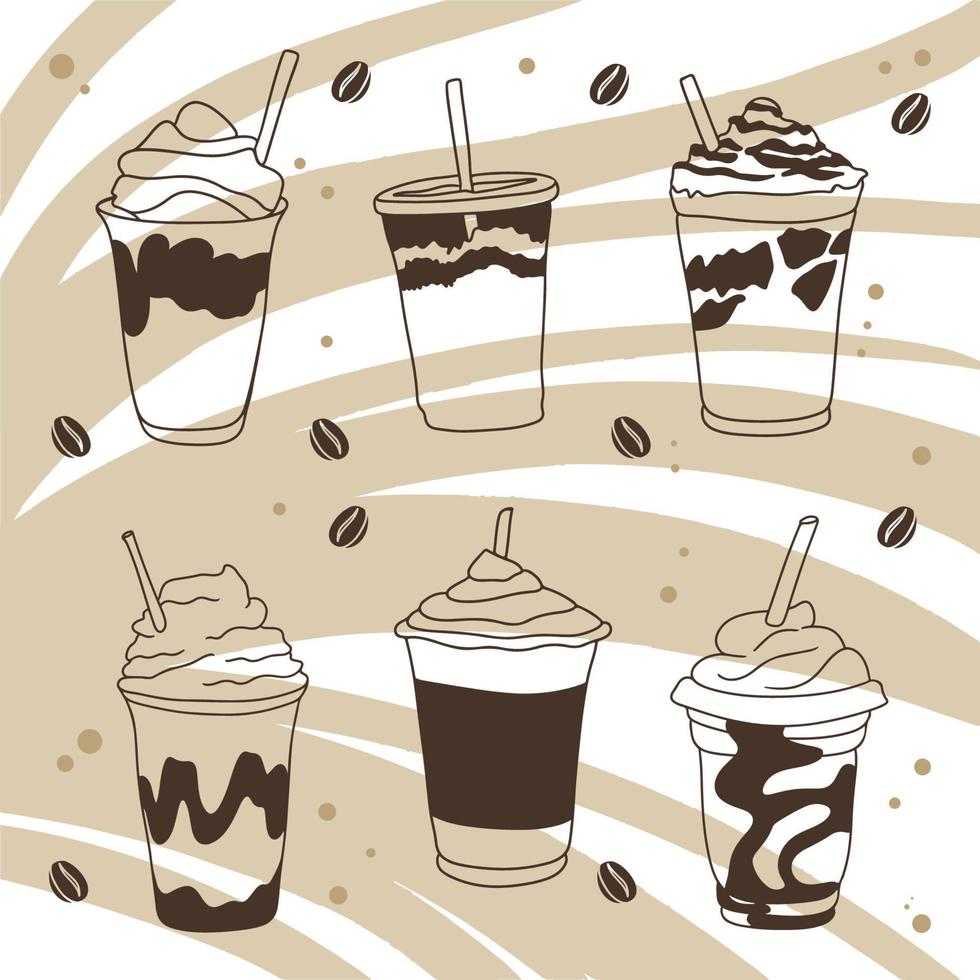 set koffiecocktails, drankje met roomschuim, heerlijk aroma van koffie, schets in doodle-stijl vector
