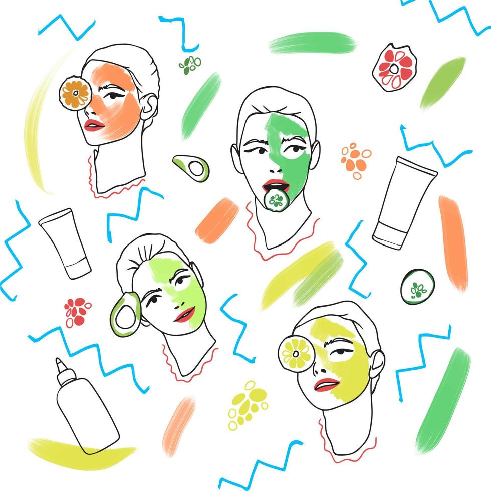 verzameling fruit- en groentemaskers, cosmetische huidverzorging voor meisjes, doodle vector