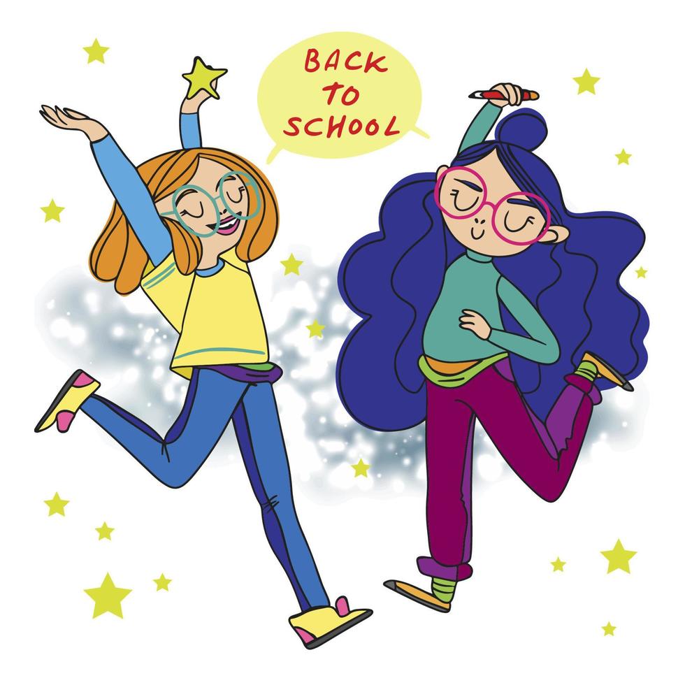 terug naar school, kinderen, meisjes blij dat de school eraan komt, doodle vector