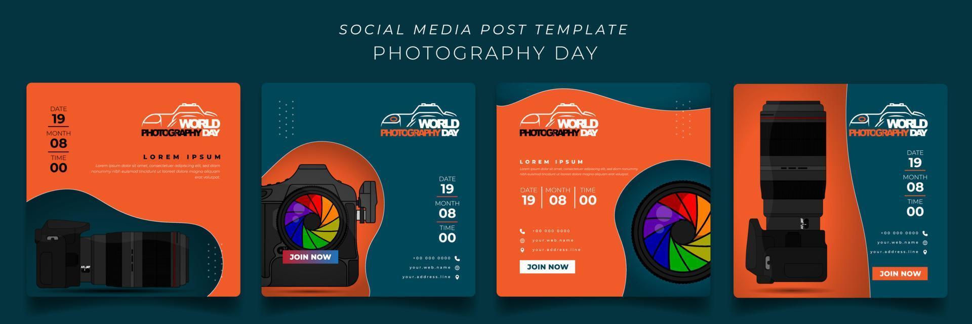 set van postsjabloon voor sociale media in groene en oranje achtergrond voor ontwerp van wereldfotografiedag vector