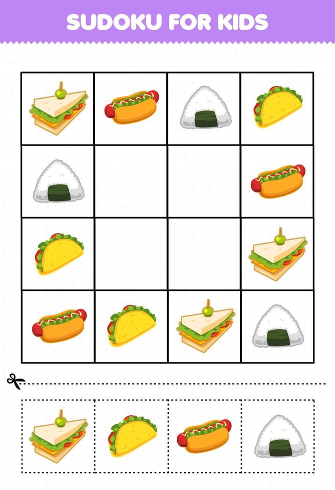 educatief spel voor kinderen sudoku voor kinderen met cartoon voedsel snack sandwich hotdog onigiri taco foto's vector