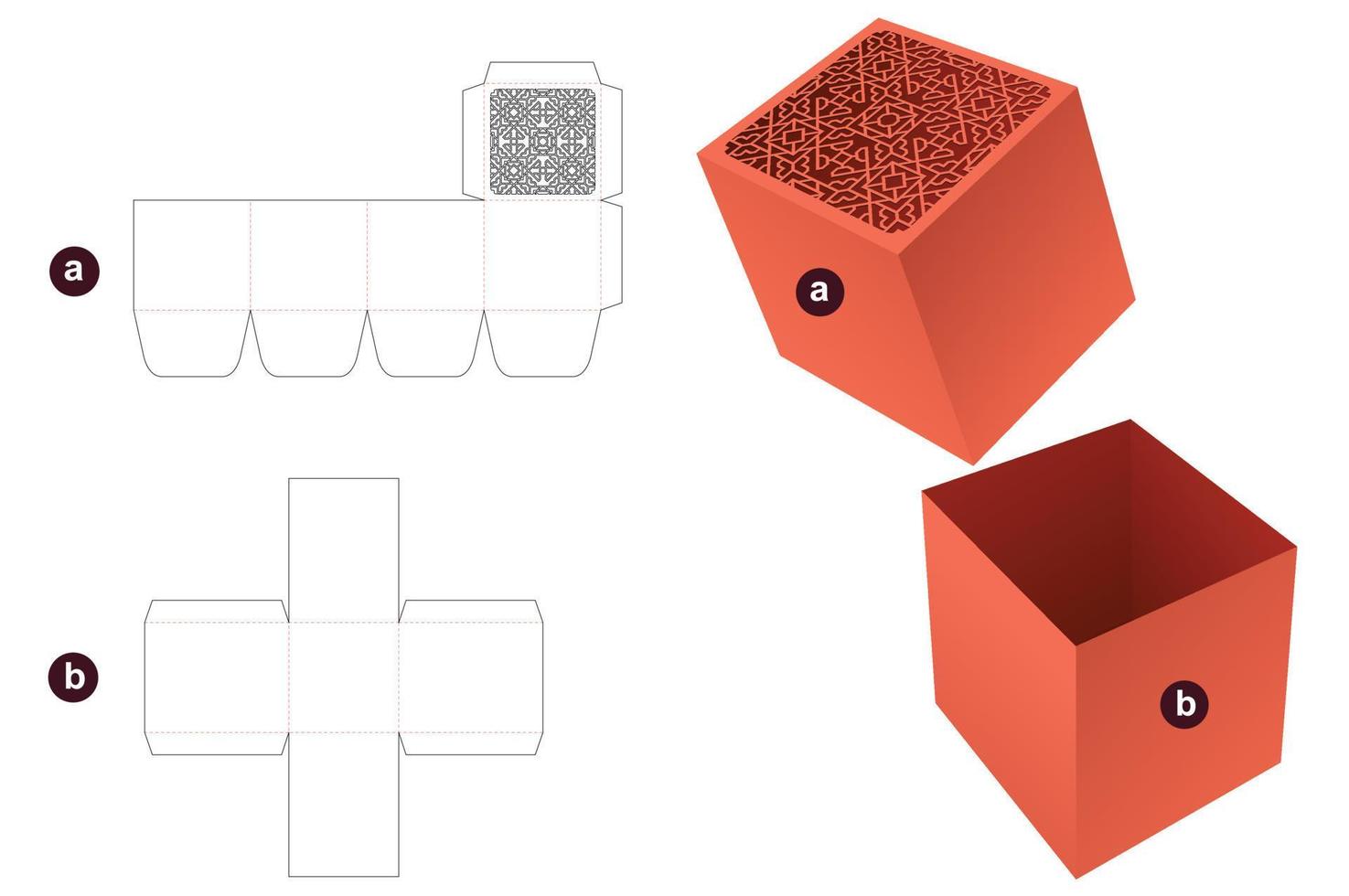 doos en deksel met gestencild patroon gestanst sjabloon en 3D-mockup vector