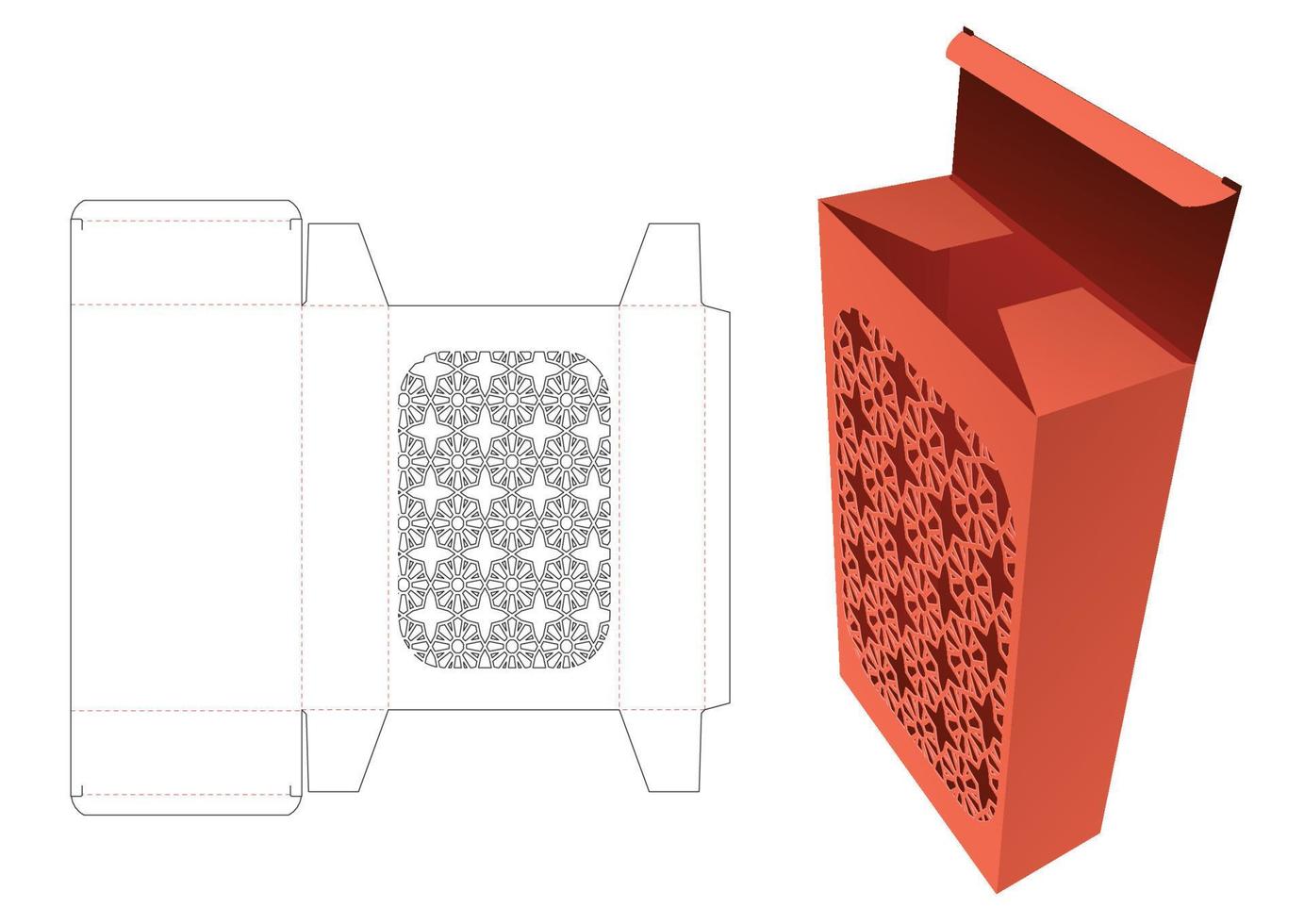 kartonnen doos met gestencild patroonvenster gestanst sjabloon en 3D-mockup vector