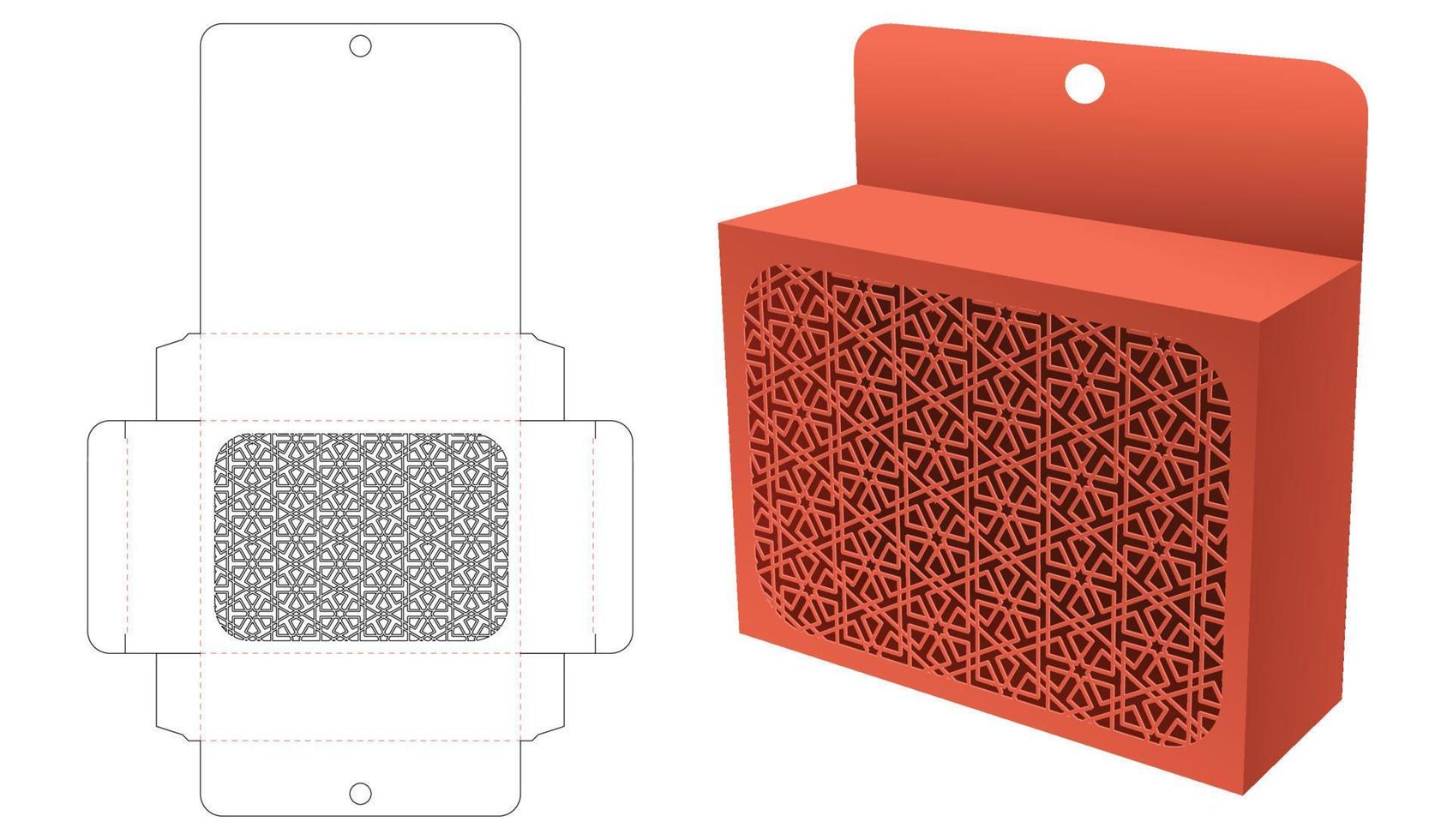 kartonnen hangende verpakking met gestencild geometrisch patroonvenster gestanst sjabloon en 3D-mockup vector