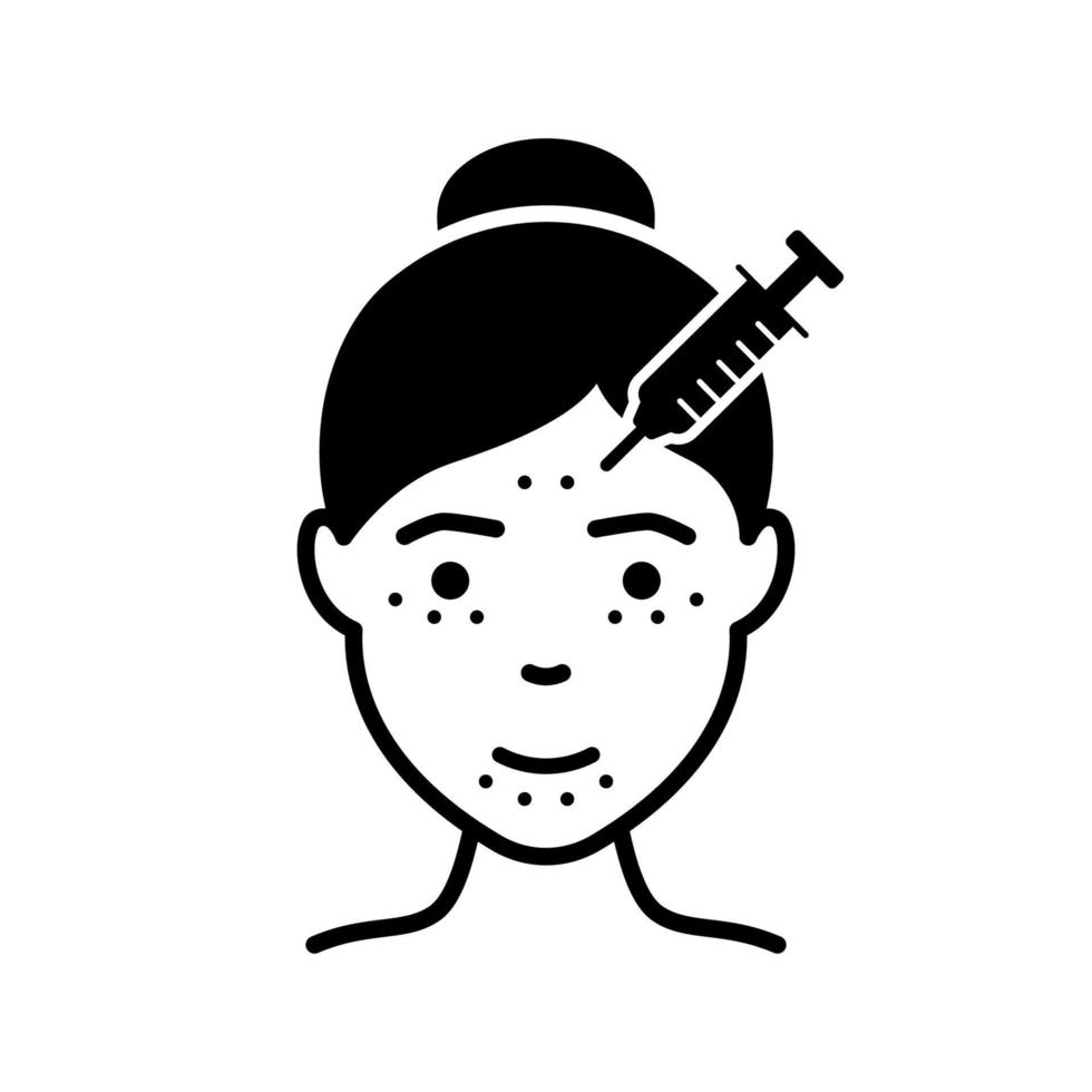 anti-aging huidverzorgingsprocedure voor vrouwen. gezichtsrimpels silhouet pictogram. vrouw botox injectie. mesotherapie, zuur en vuller zwart icoon. geïsoleerde vectorillustratie. vector