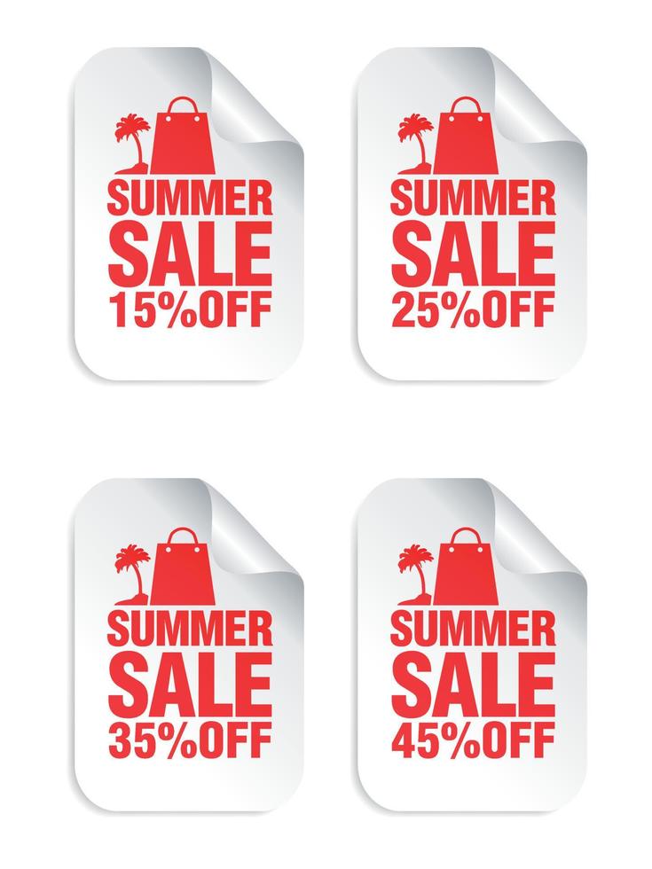 zomer verkoop witte stickers set met shopping pakket en palm rood pictogram. uitverkoopstickers 15, 25, 35, 45 procent korting vector