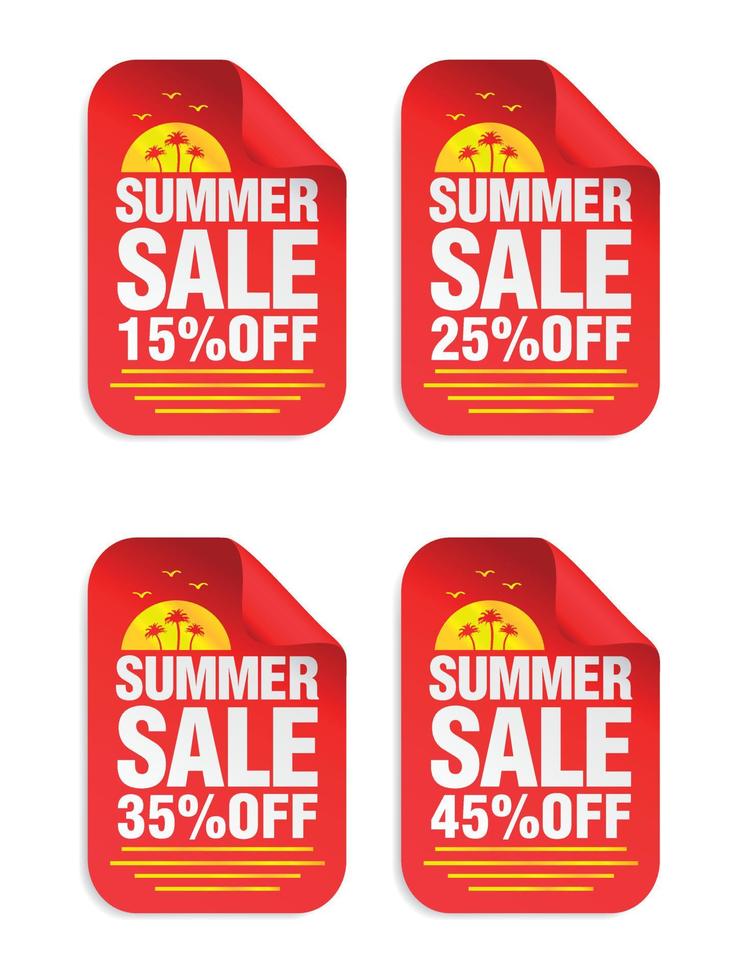 zomer verkoop rode sticker set. verkoop 15, 25, 35, 45 procent korting. stickers met palmen icoon vector