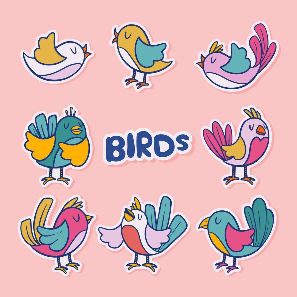 schattige doodle vogels stickers egale kleuren vector