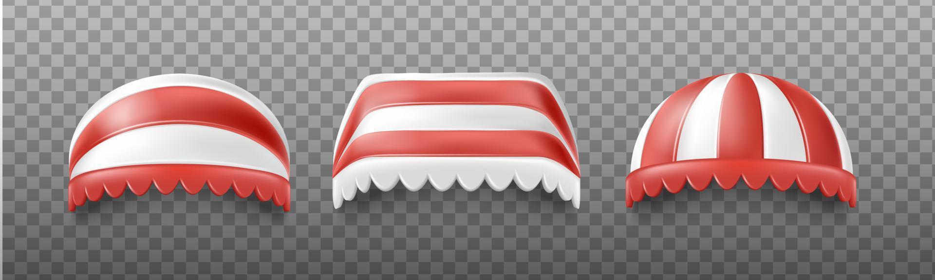 3D-realistische vector icon set. collectie luifel voor pop-up stores. rood gestreepte parasols.